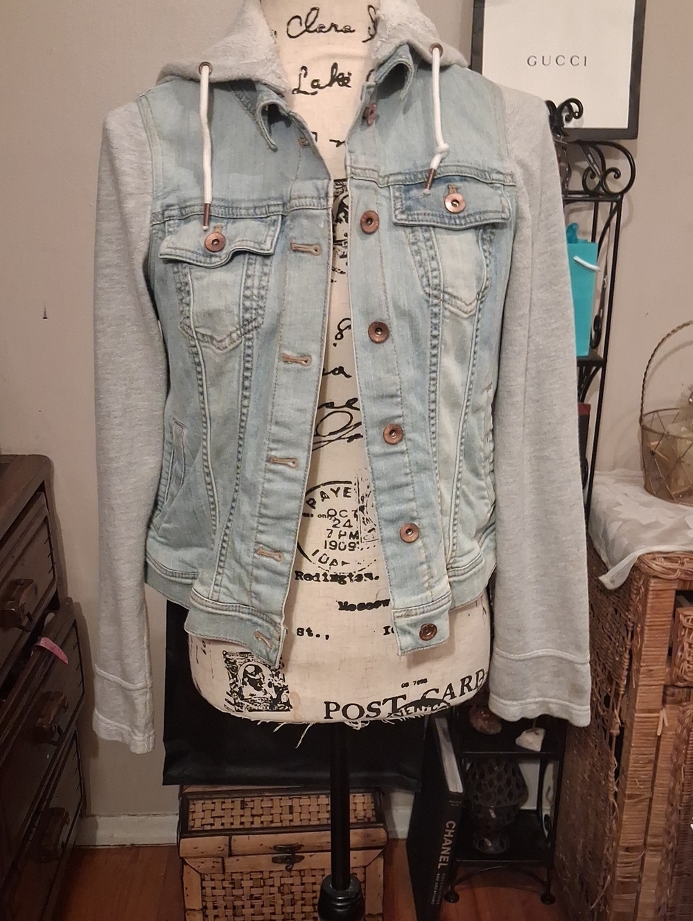 Light Wash Denim and Gray Hoodie Jacket - Women’s Casual Layering
